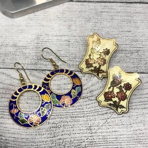 Bundle lot 2 cloisonne enamel earrings statement